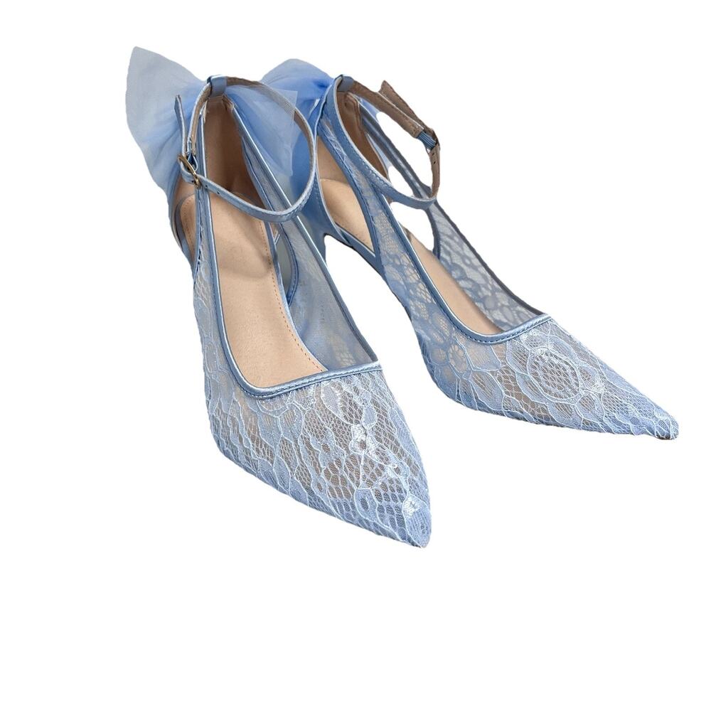Coutgo Baby Blue Satin Lace High Heel Shoes size 9 Wedding Cocktail Formal Prom - Picture 2 of 14